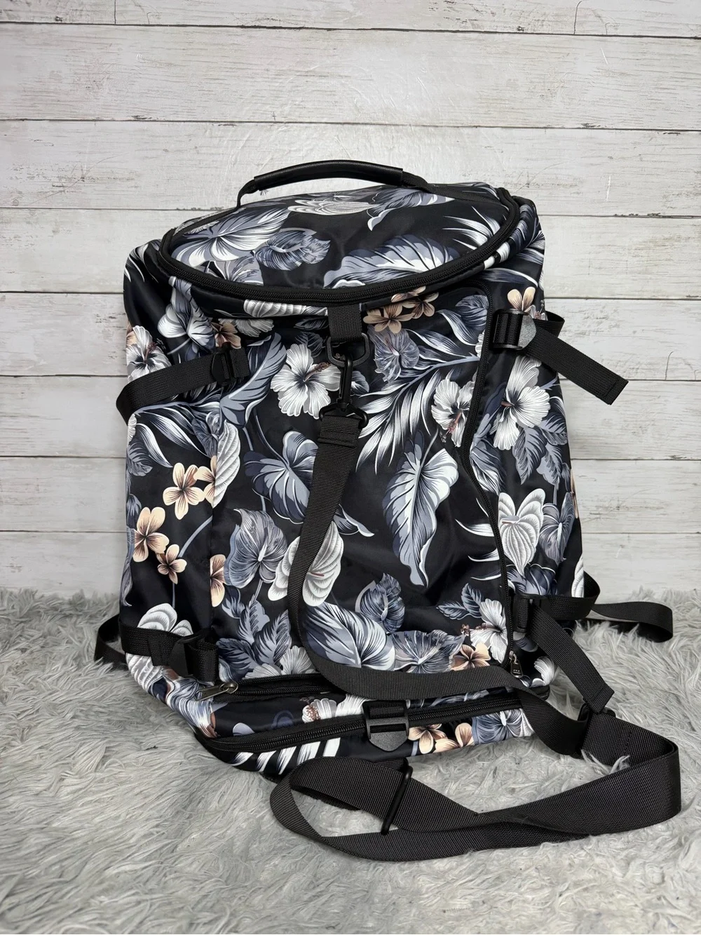 Black Floral Multi Purpose Travel Backpack Convertible